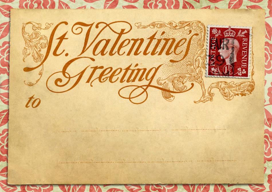 Beautiful and colorful, vintage St. Valentine's greeting card with the postage stamp, at background with the pattern, clipart