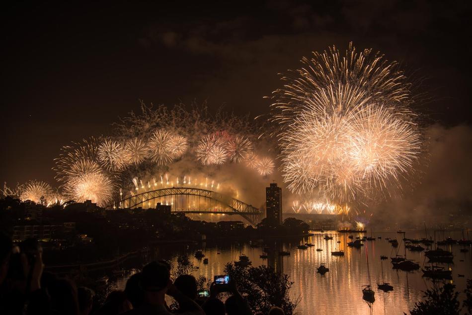 Beautiful landscape of Sydney Australia with the silhouettes, on the 2015 New Year, with the fireworks, at the night