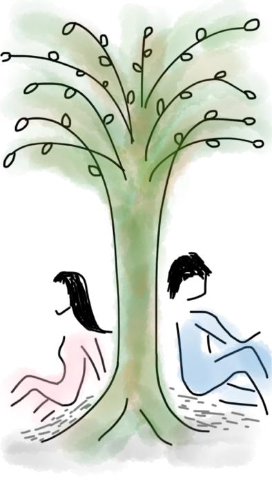 young couple beneath tree back to back, drawing