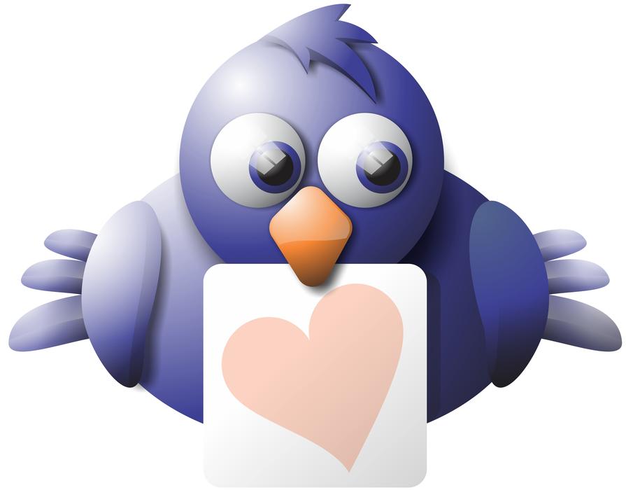 Blue bird holding card with heart, at white background, clipart