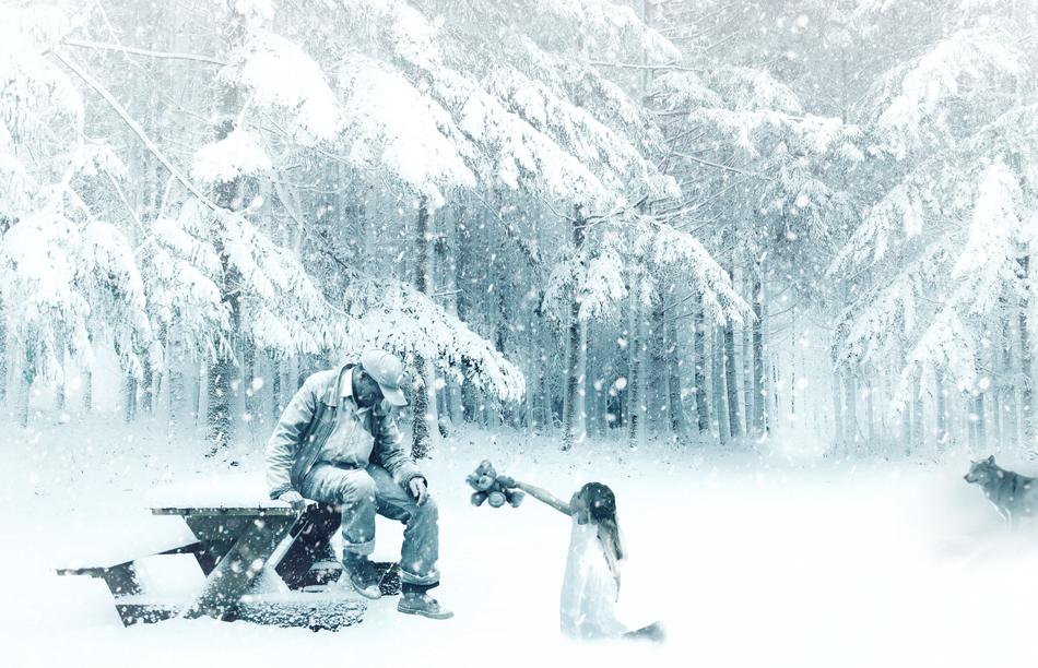 a little girl near a man on the street in winter