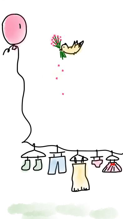drawing of a balloon next to clothes and birds