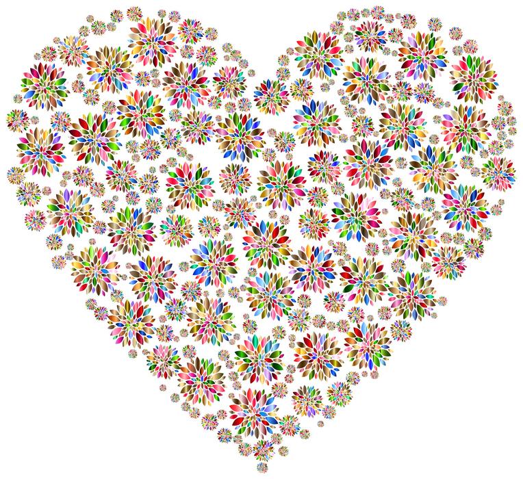 colorful flowers in heart shape drawing