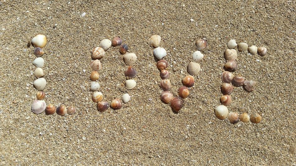 Beautiful 'LOVE' sign made of the colorful mussels, on the sand in sunlight