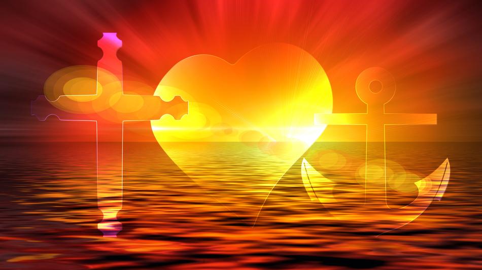 cross with an anchor and a heart on a sunset background