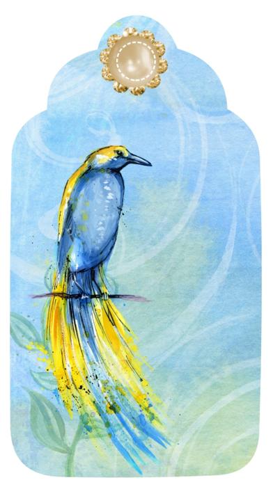 Beautiful and colorful painting of the bird, on the plant, on the tag, clipart