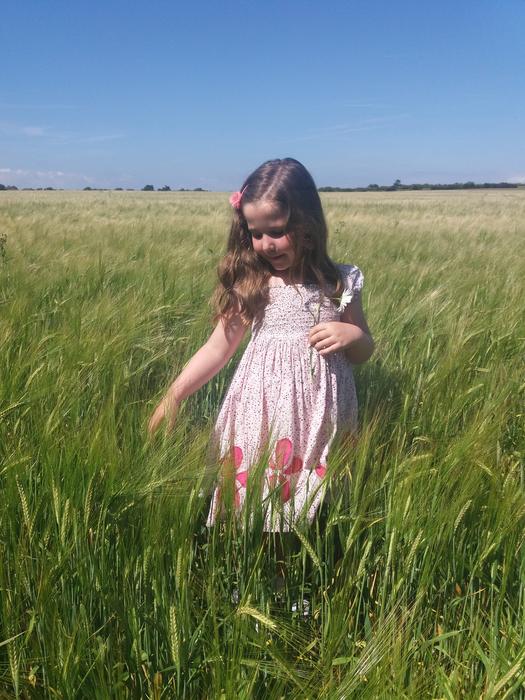 Cute girl, among the colorful and beautiful plants on the field, under the blue sky with clouds