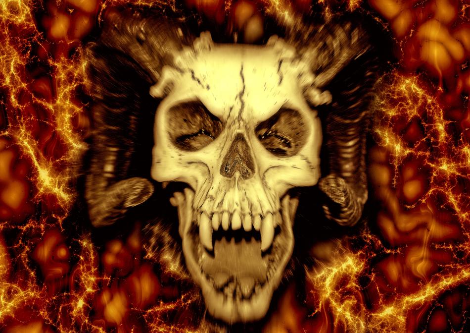 Skull with horns and fangs, at colorful background with lights, clipart