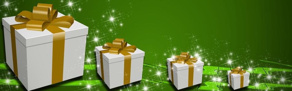 green banner with gift boxes