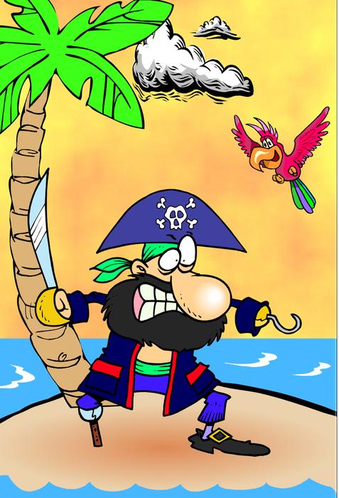 captain hook and parrot on island, cartoon characters