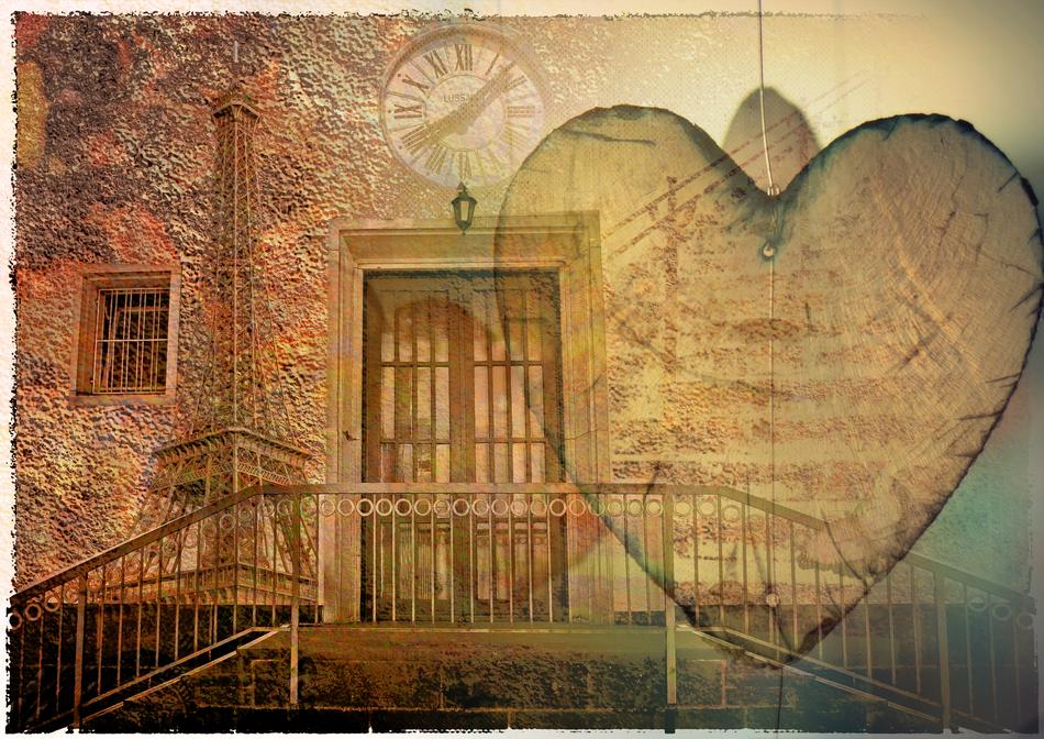 Colorful and beautiful, old building and heart with shapes, in light, clipart