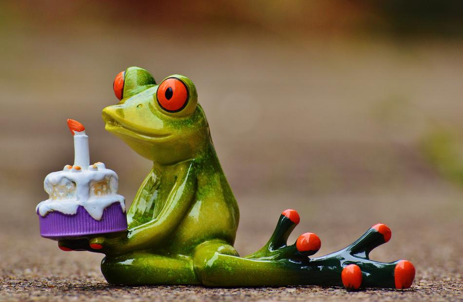 ceramic frog with cake in the park on a blurred background