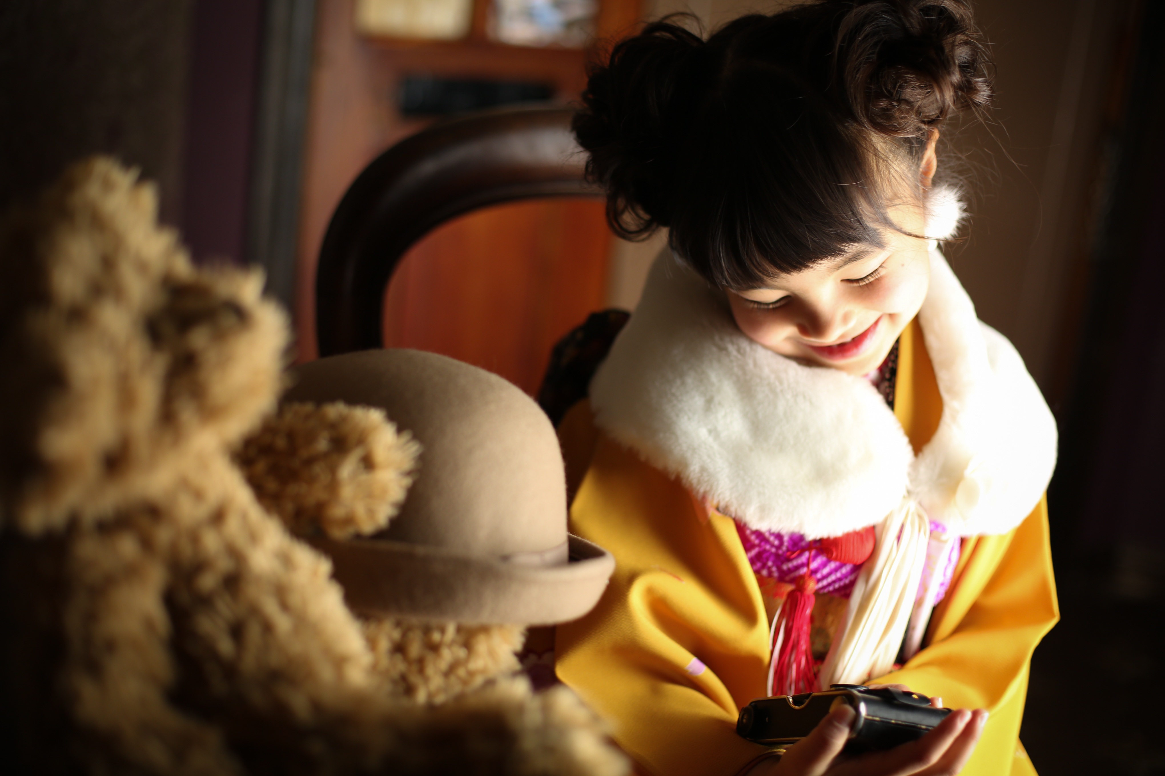 Cute Japanese girl in kimono, near the cute Teddy Bear picture with tags: k...