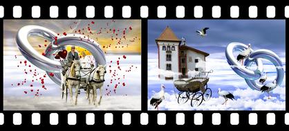 Colorful wedding landscapes in the clouds, in film, clipart