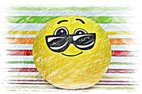 Drawing of the yellow smiley with sunglasses, at background with colorful lines, clipart