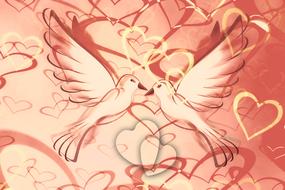 pigeons in love, hearts, pink background