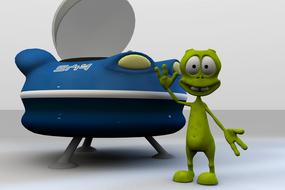 3d model of the green alien waving hand, near the ufo, clipart