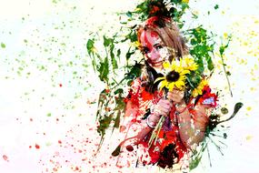 girl flowers smile art abstract