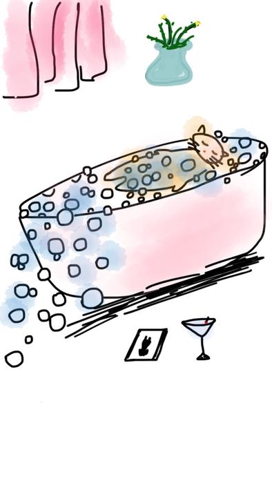 painted cat in bubble bath