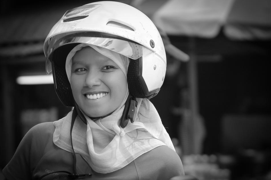 black and white, cute girl in a helmet