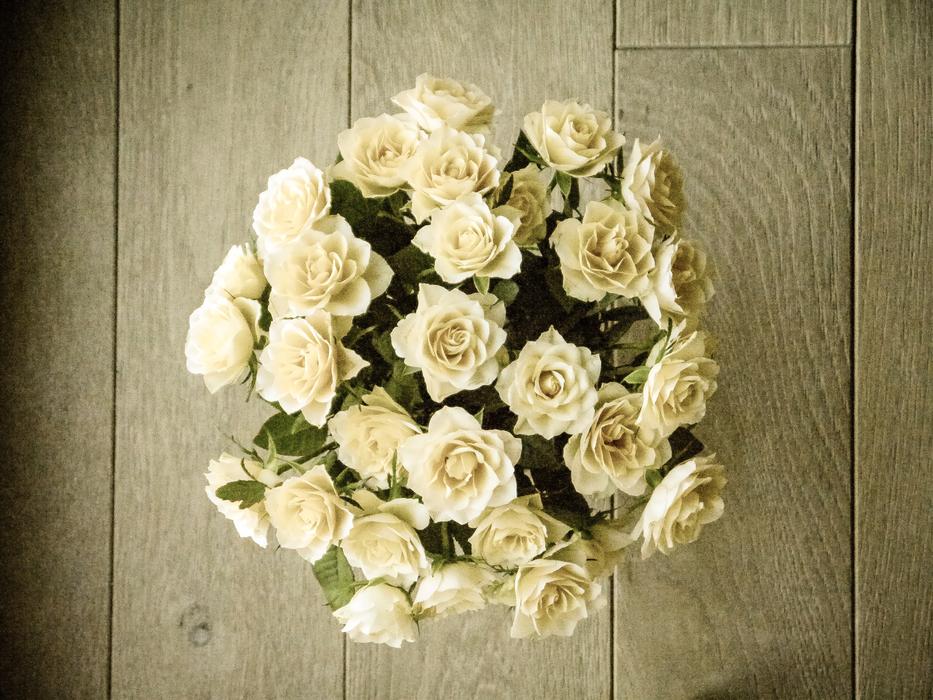 a bouquet of white roses on the floor