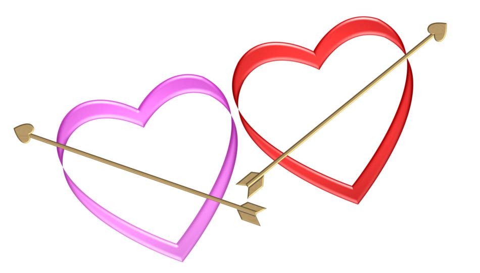 golden arrows over pink and red heart shapes