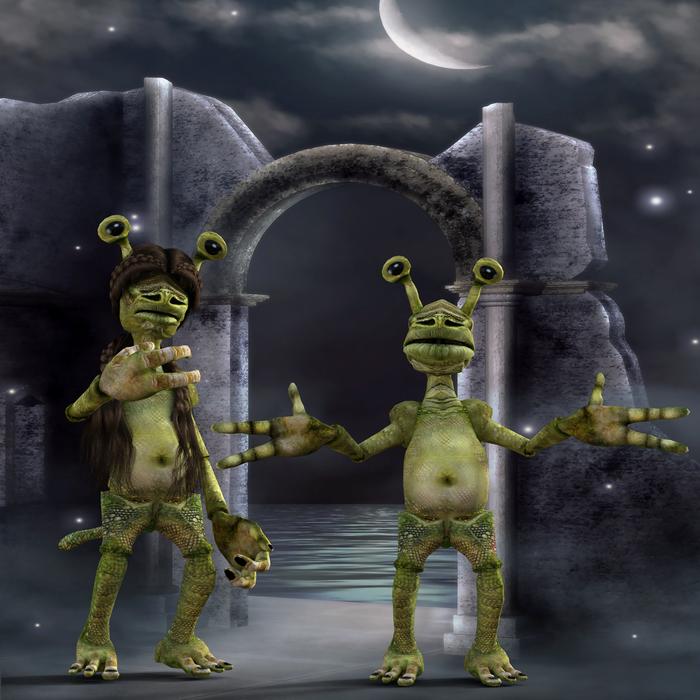 a pair of aliens against the background of the night sky