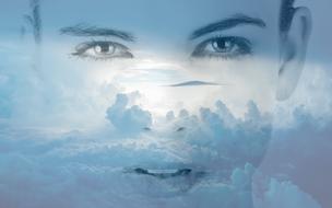 woman's face, clouds
