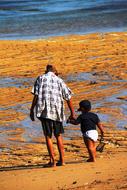 Grandfather and grandson walking on the beach