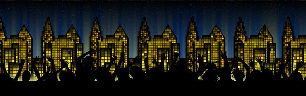 silhouettes of houses in bright lights