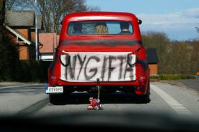 a red car with the words