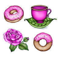 drawn two violet donuts, rose purple cup on a green leaf