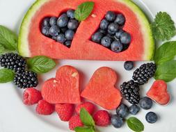 juicy watermelon and ripe berries on a plate