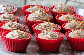 Beautiful and colorful cupcakes, with the decorations, in the red cups
