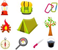 drawn camping equipment on a white sheet