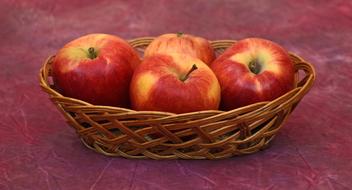 Beautiful and colorful Gala apples in the beautiful wicker basket, on the red surface