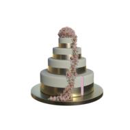 Beautiful, white and gold, shiny wedding cake with colorful flowers at white background