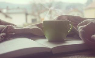 cup of coffee on a book and a plaid