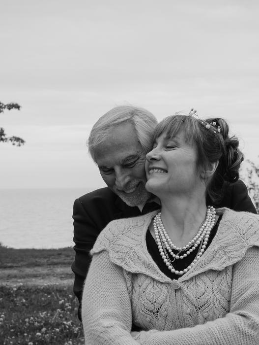 happy mature couple together outdoor, black and white