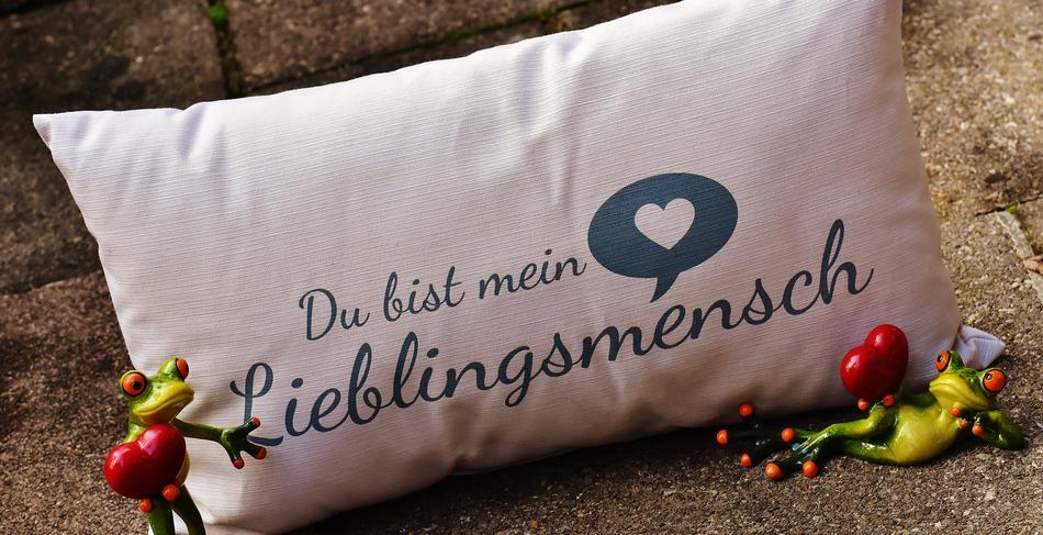Valentine’s day greeting, two funny toy frogs with hearts on hands at pillow