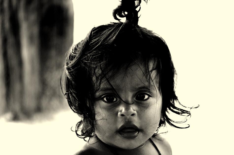 monochrome photo of small child look