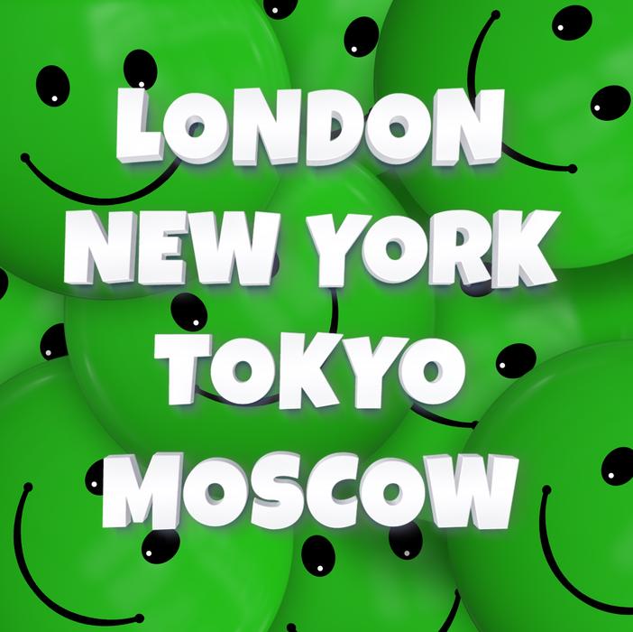smiley and london new york tokyo green background