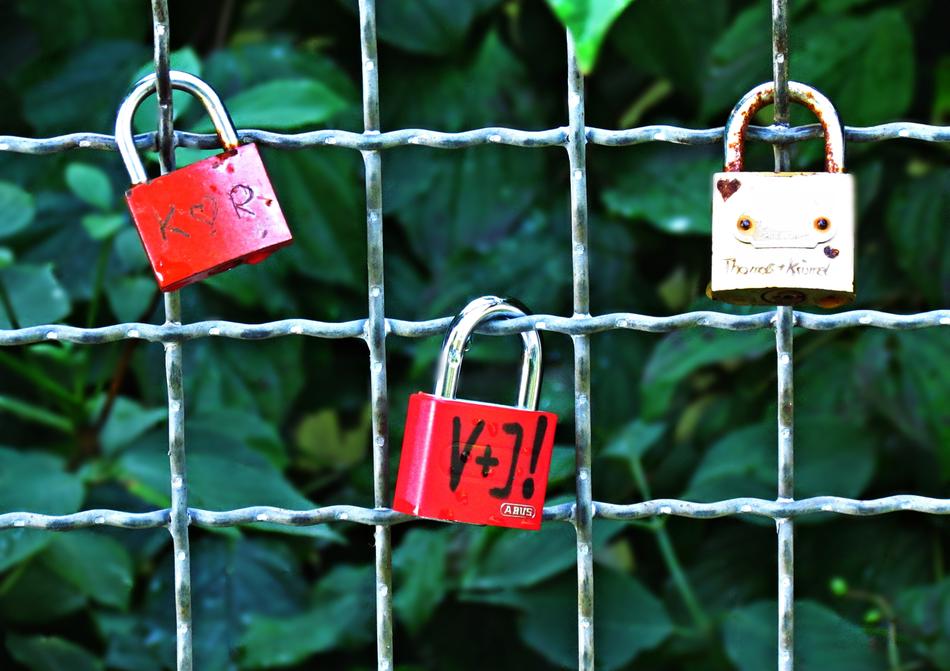 three love locks on metal grid fence