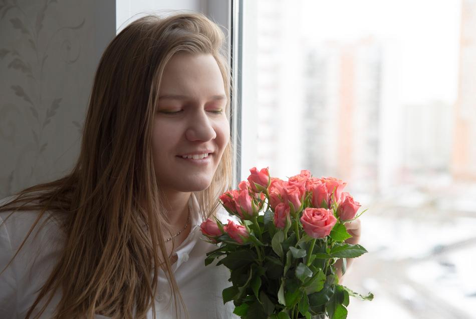 girl smile flowers window landscape
