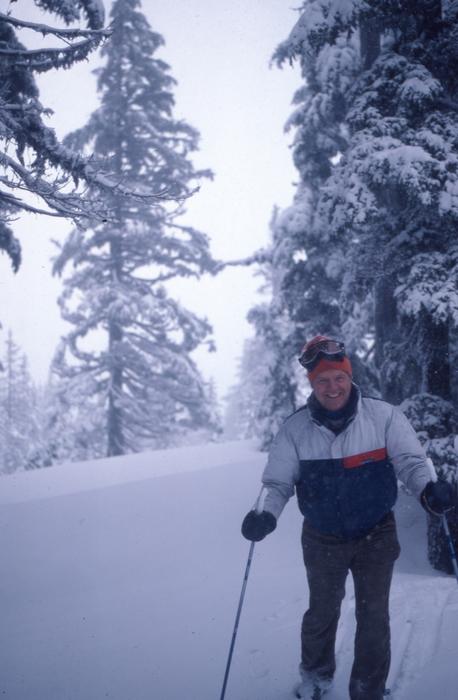 a man on skis near the Christmas trees