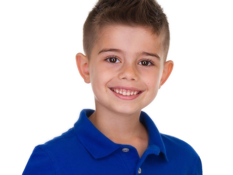 happy baby in a blue shirt