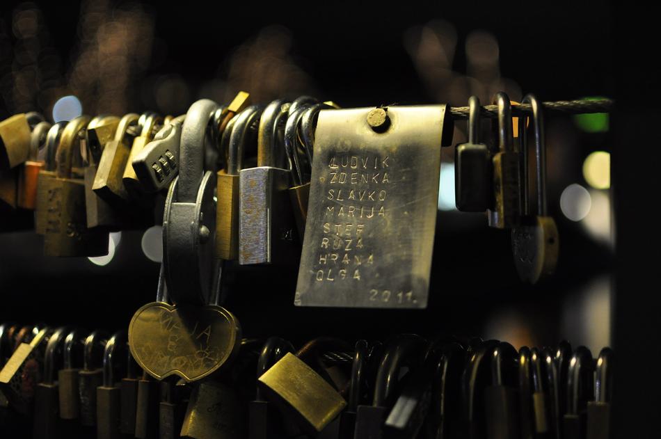 iron lock on the bridge in the evening