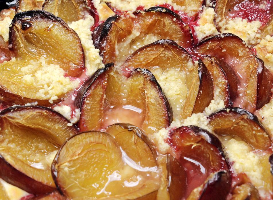 Beautiful and colorful plum streusel cake, with the fruits