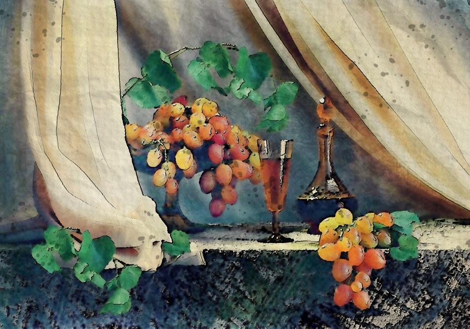 wine in vintage glass and grapes, still life