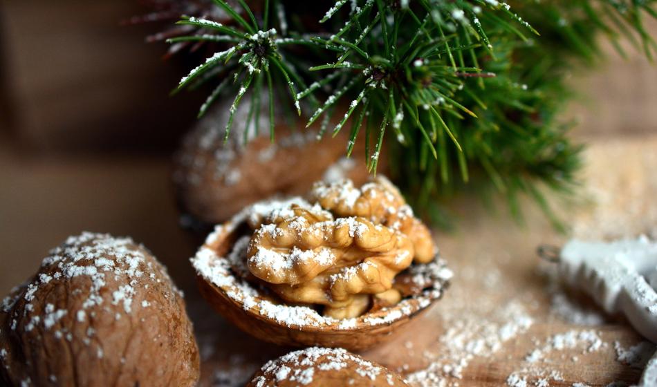 Walnut with frosting, Christmas greeting